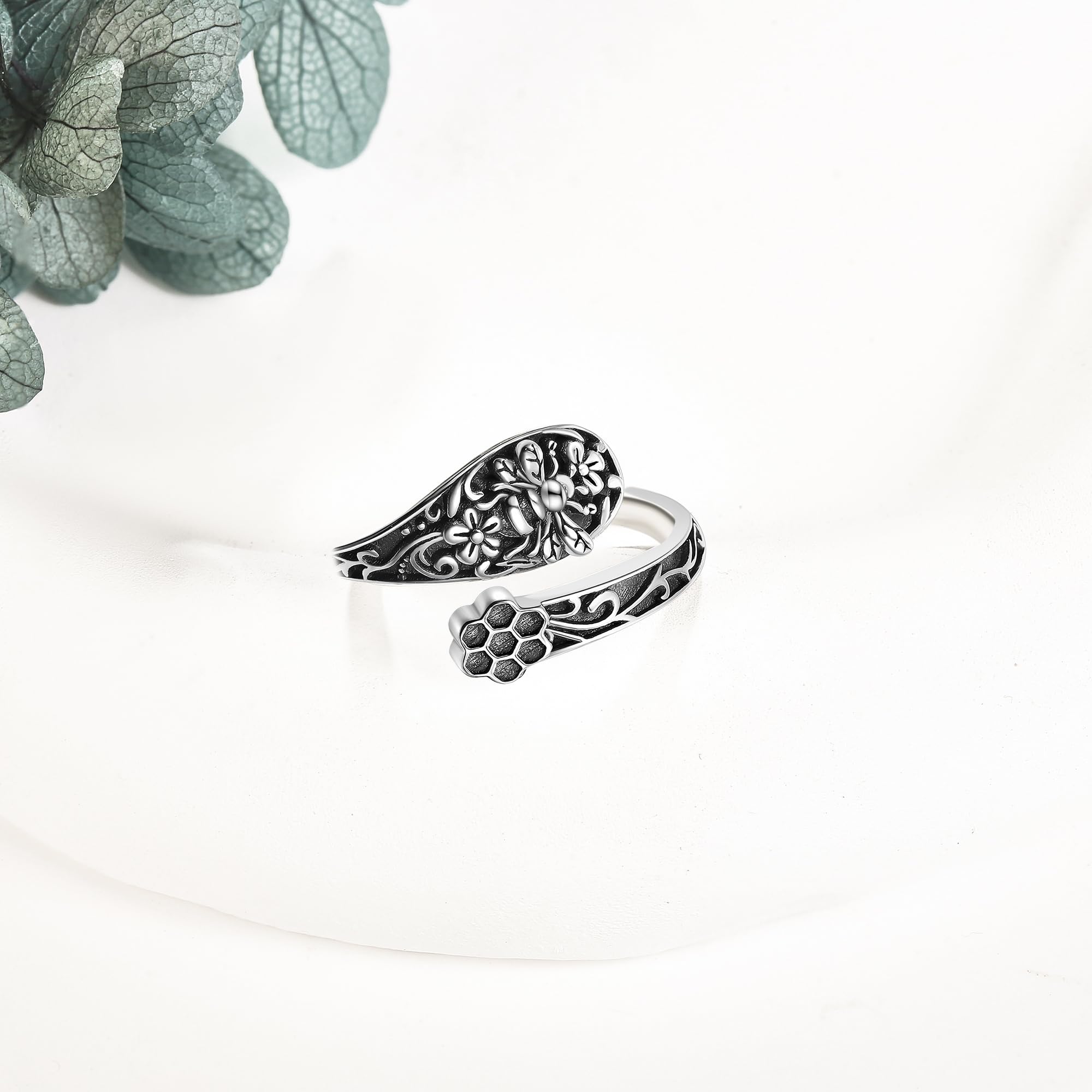MONGAS Bee Spoon Rings for Women Sterling Silver Adjustable Vintage Bee Spoon Ring Antique Thumb Rings Jewelry for Women - Image 3