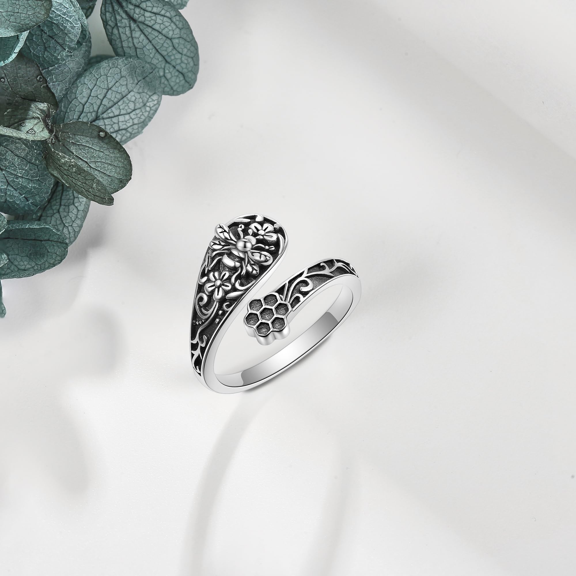 MONGAS Bee Spoon Rings for Women Sterling Silver Adjustable Vintage Bee Spoon Ring Antique Thumb Rings Jewelry for Women - Image 4