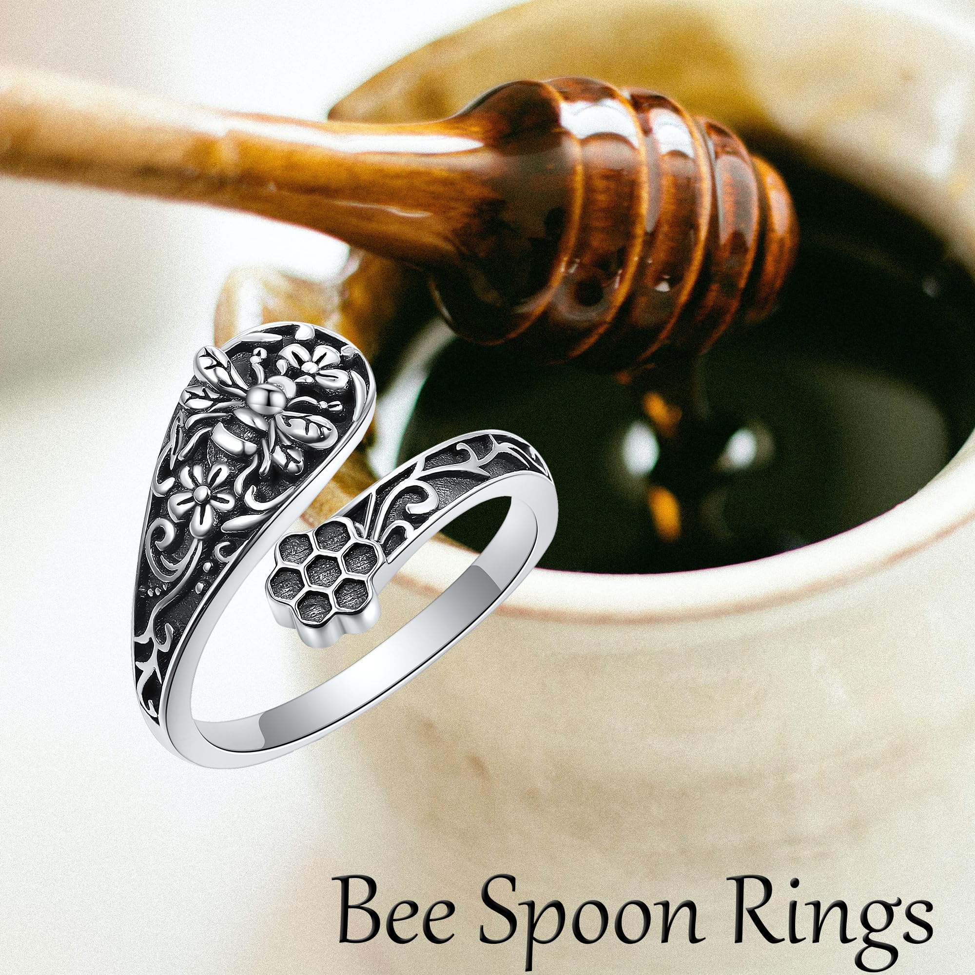 MONGAS Bee Spoon Rings for Women Sterling Silver Adjustable Vintage Bee Spoon Ring Antique Thumb Rings Jewelry for Women - Image 5