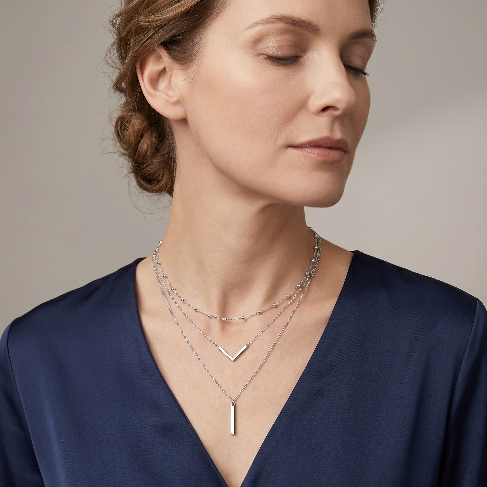 MONGAS Boho Layered Necklace Sterling Silver Triple 3 Stacked Vertical Bar Triangle Long Layering Necklaces Christmas Jewelry Gifts for Women - Image 3